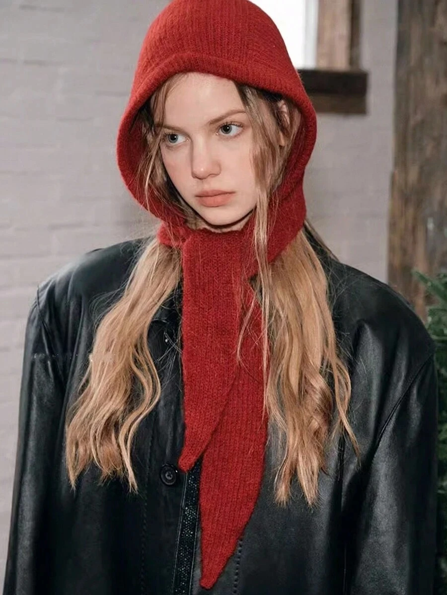 Koreanische Kapuzenschal-Balaclava-Mütze mit Ohrenschutz, warme Mütze für Damen, Retro-Mütze mit Schleife, Winter-Accessoires, gestrickte Mütze. – Detail 1