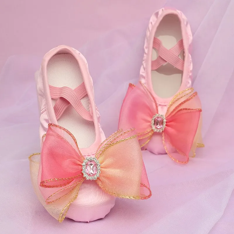 Ballerine con fiocco sfumato per ragazze con suole morbide scarpe da balletto per bambini scarpe professionali per bambini pratica scarpe con artiglio di gatto colorate