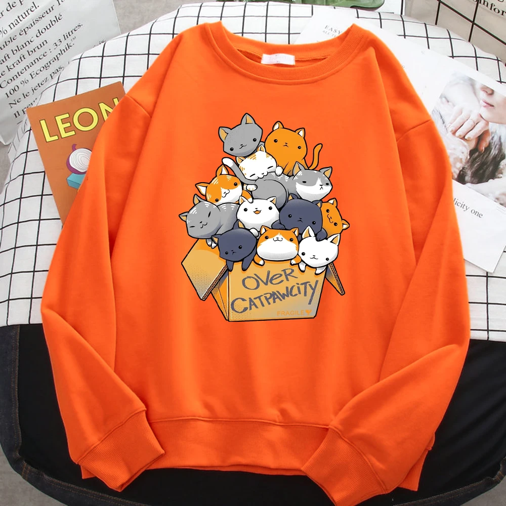 Autumn Casual Woman Pullover Many Cats Gathered In Printing Hoodies Comfortable Fleece Sweatshirt Crewneck Loose Female Clothes