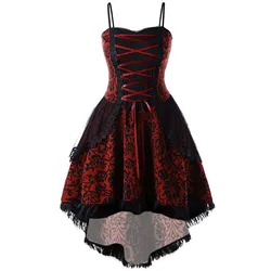 Gothic Lace Cami Dress For Women Vintage Lace Up Party  Sleeveless Bandage Splicing A-Line Print High Waist Irregular Hem Dress