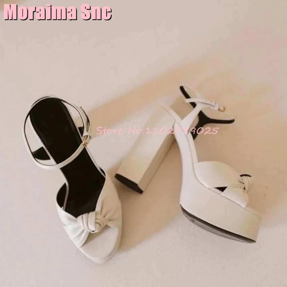 Platform Knot Peep Toe Sandals Block Chunky Heel Ankle Buckle Strap White Solid Sexy Fashion Women Shoes Summer Runway 2024 New