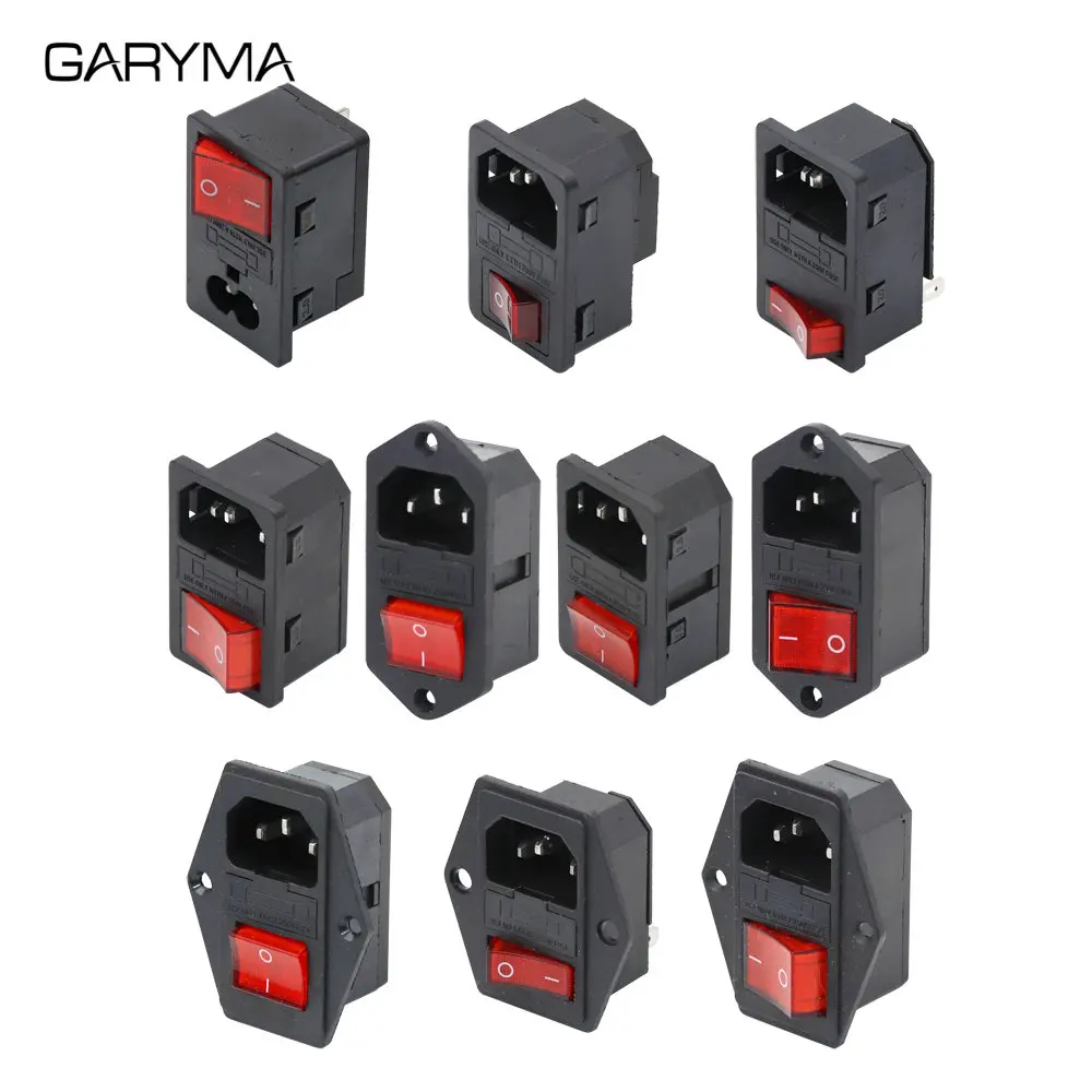 3Pin AC-01 Full Copper Electrical Power Socket LED 250V KCD3 KCD4 KCD5 Inlet Plug Connector Red Lamp Rocker Switch with 10A Fuse