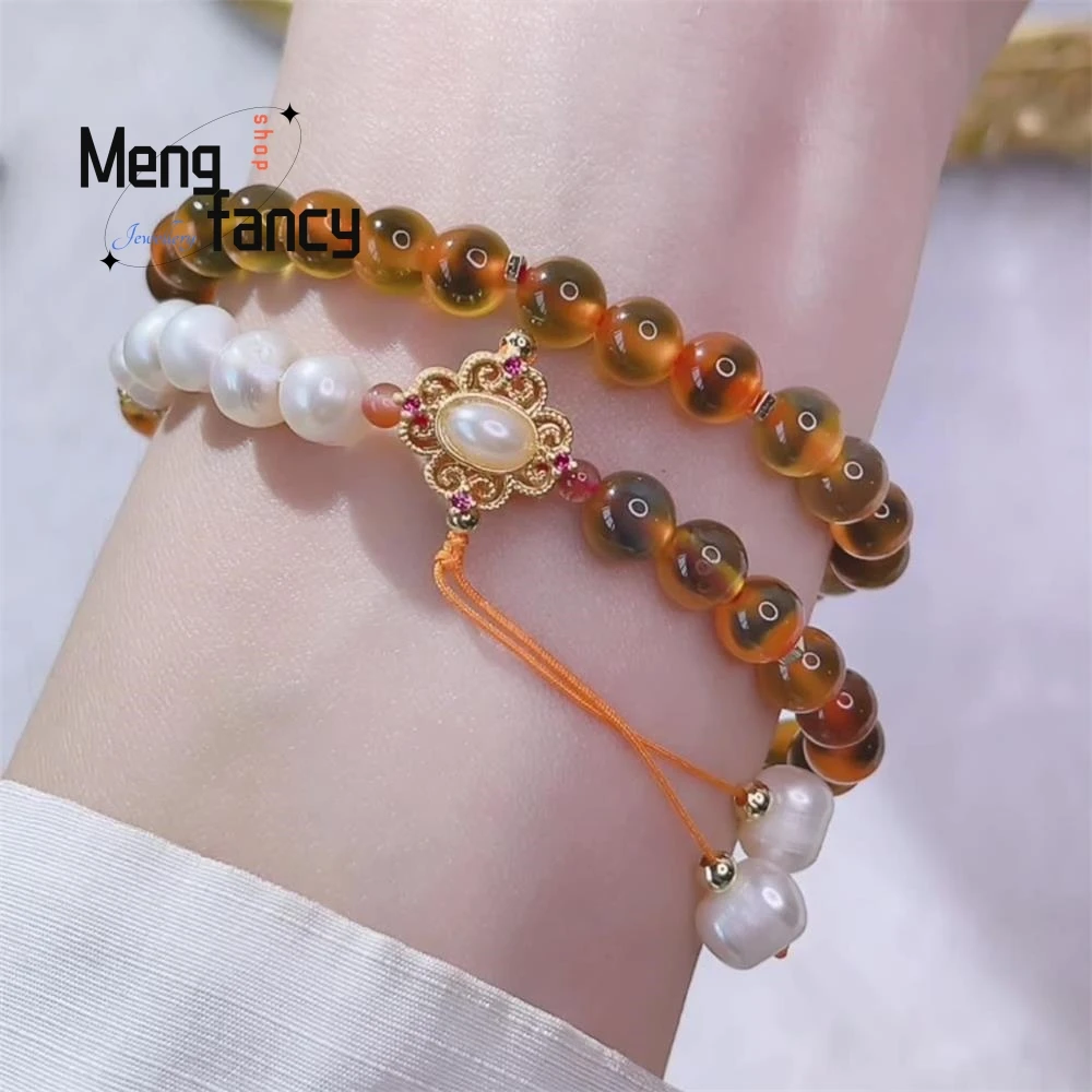 Retro simple double circle sweet heart agate hand string natural pearl multi-circle ethnic wind bracelet female ancient style