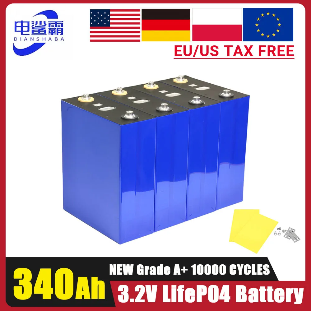 

New Grade A Battery 3.2V 340AH Lifepo4 Lithium Iron Phosphat 3C High Power DIY 12V 24V RV Solar Rechargeable Batteries Duty Free