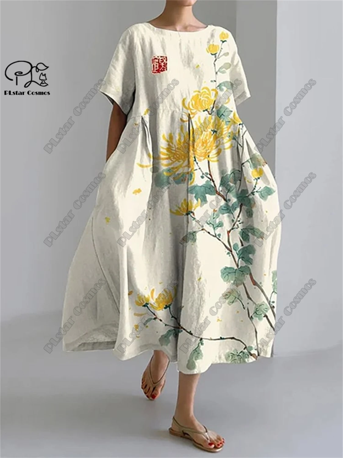 PLstar Cosmos 3D Printed Retro Floral Women's Short Sleeve Round Neck Dress Summer Casual Vacation Style Street Series 8