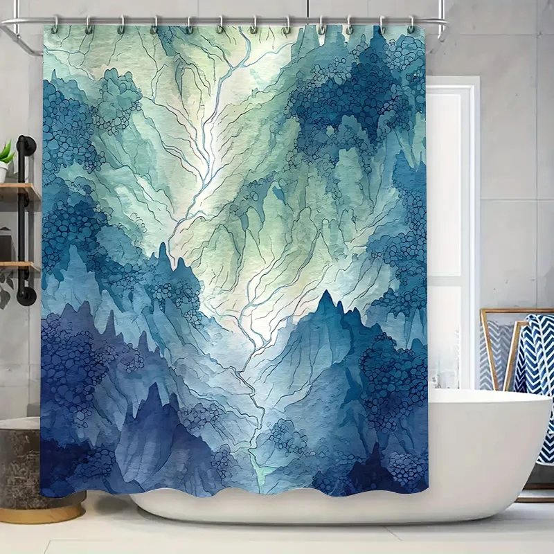 

Watercolor Mountain River Shower Curtain Chinese Ink Art Scenery Bathroom Decor Waterproof Polyester Curtain with Hooks