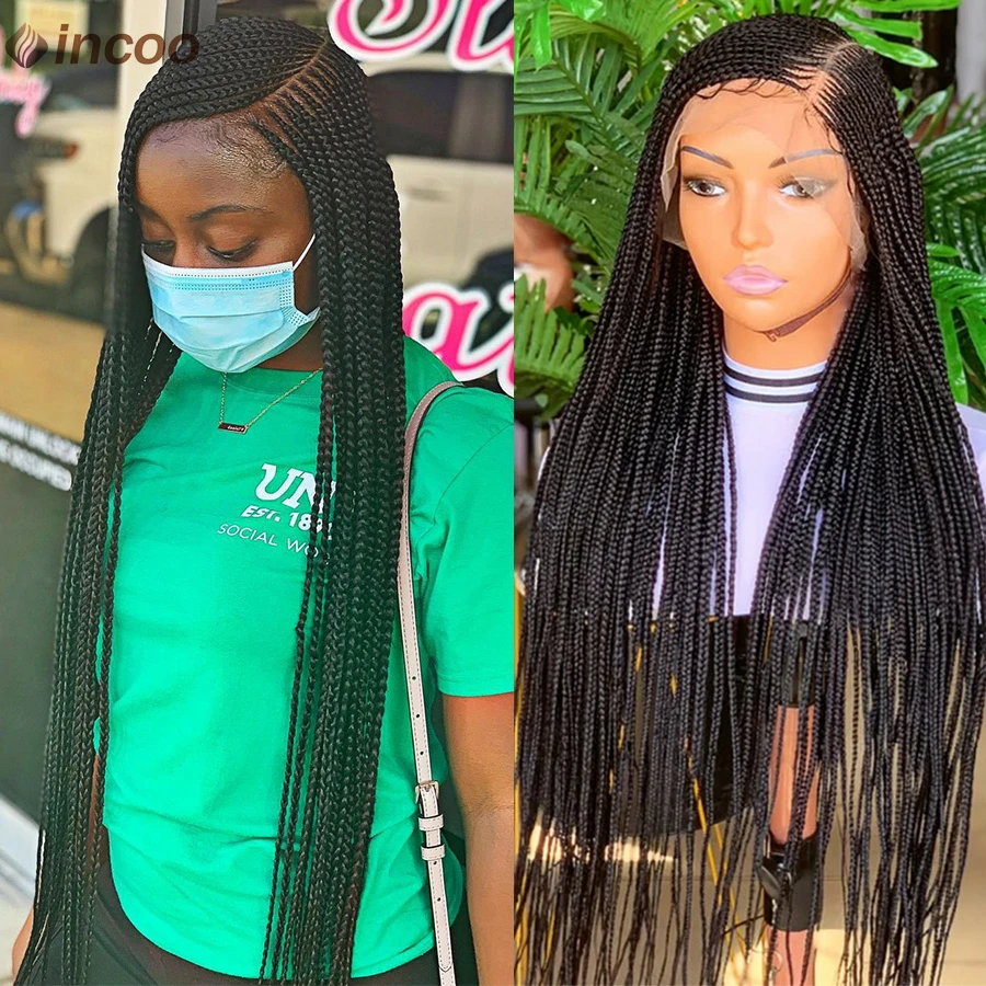 

Длинные 36-дюймовые косички, парик, синтетические без узлов, боковая часть, плетеные парики, полный парик шнурка, косички ручной работы в коробке богини с волосами ребенка