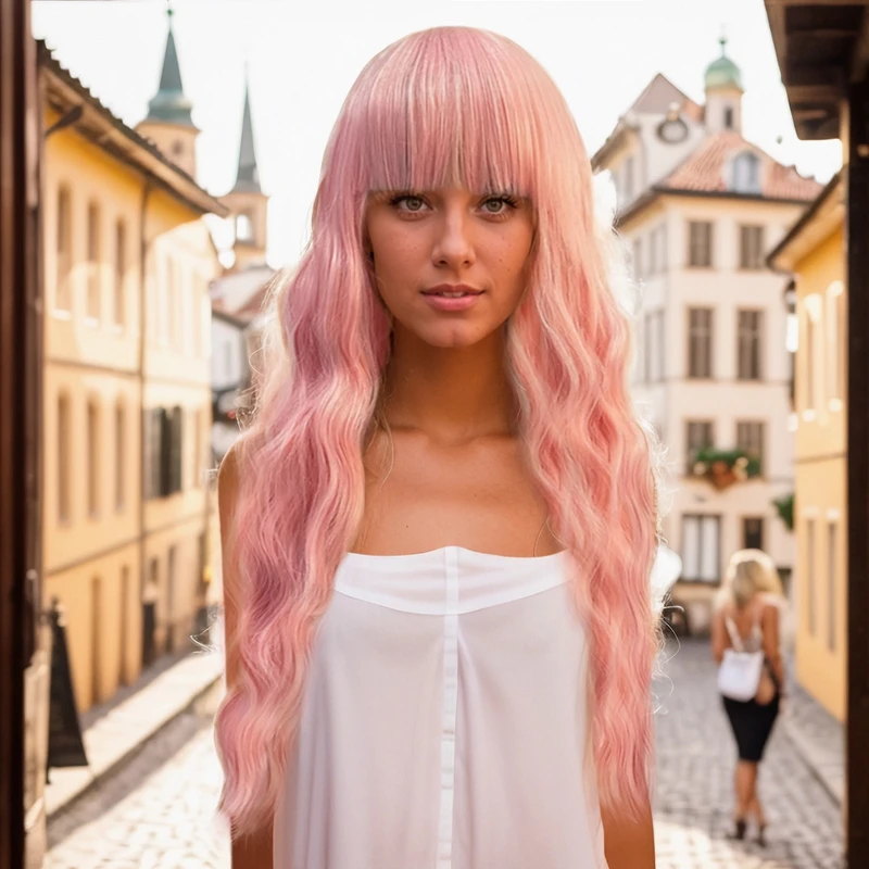 WIND FLYING Pink Wigs Curly Wigs For Anime Cosplay Women Long Wigs With Bangs Pink For Party Wigs Halloween Party Durable