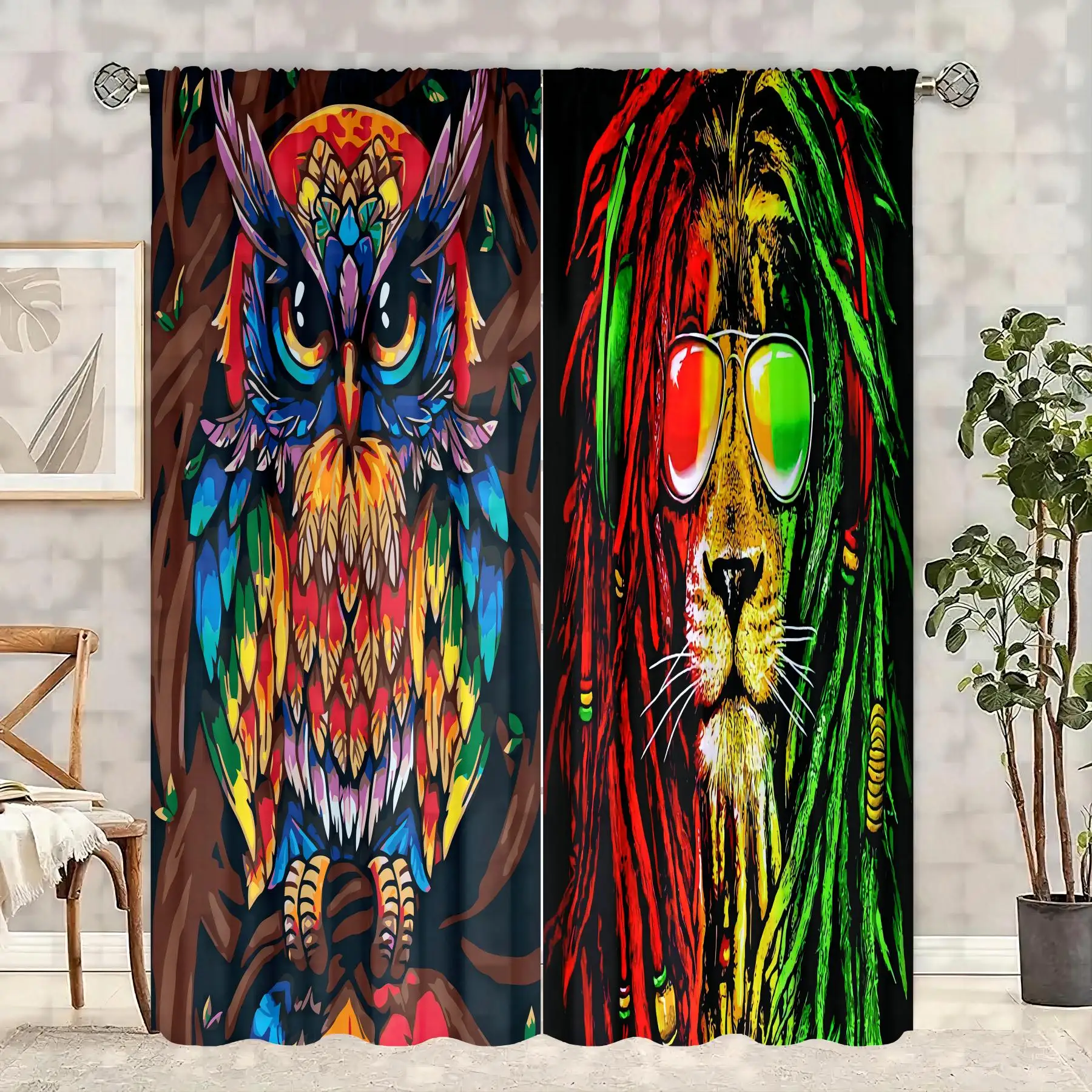 

2 шт.-полиэстеровые шторы в стиле киберпанк, сова, льва, шторы для сумок на шесте, спальня и гостиная, украшение для вечеринки в домашней комнате