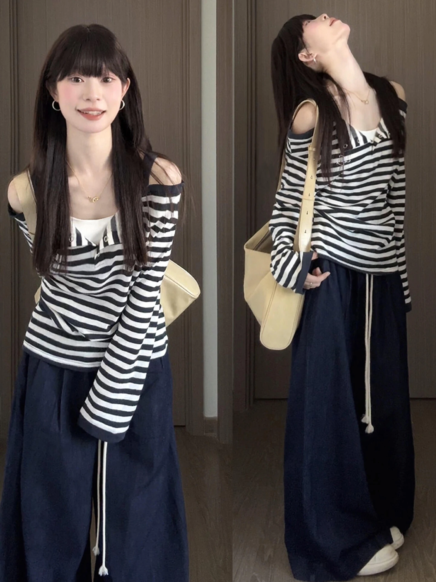 한국 스타일 스트라이프 롱 숄더 노출 티셔츠 여성용 초가을 신상 달콤하고 매운 스타일 페이크 투피스 탑