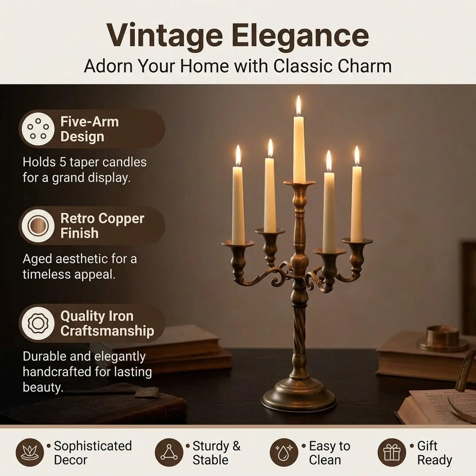 Elegant Candle Holder Metal Candelabra Five Arm Vintage Table Decor for Home Housewarming Gift
