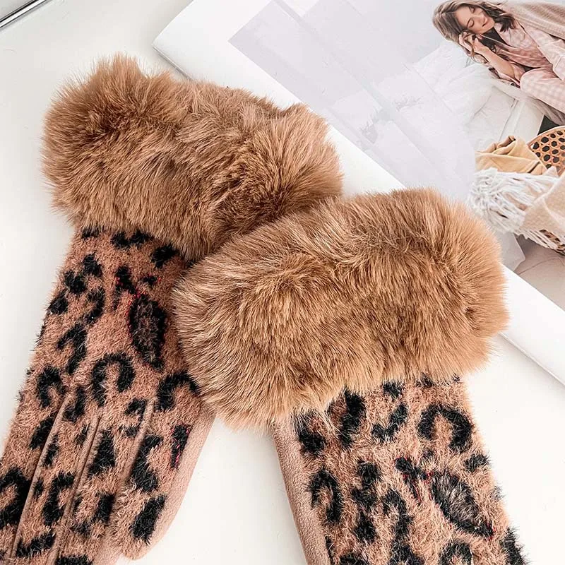 قفازات من جلد الغزال بطبعة الفهد لركوب الدراجات في الشتاء - قفازات نسائية دافئة مقاومة للبرد ومضادة للرياح مبطنة بالصوف للخريف والشتاء #2