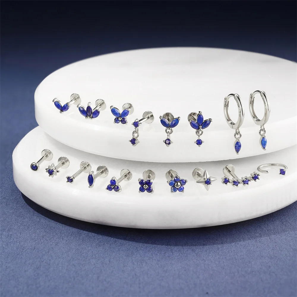 CANNER 1PC 925 Sterling Silver Horse Eye Lazurite Flat Head Thread Piercing Stud Earring For Women Butterfly Flowers Earring New - view 3