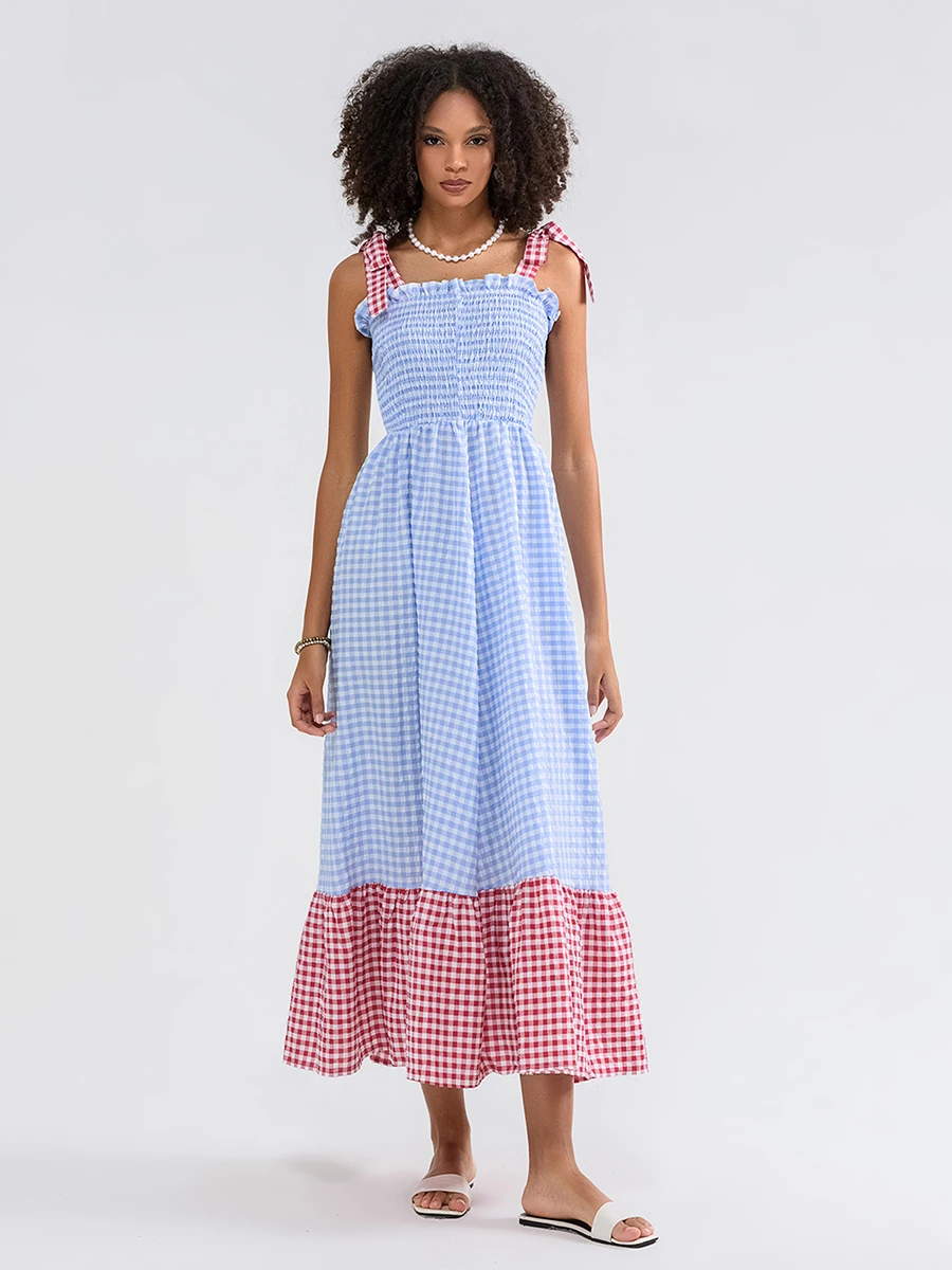 wsevypo Tied Shoulder Straps Tank Long Dress Summer Prairie Chic Patch Color Plaids Sleeveless Bandeau Ruffled A-Line Dresses