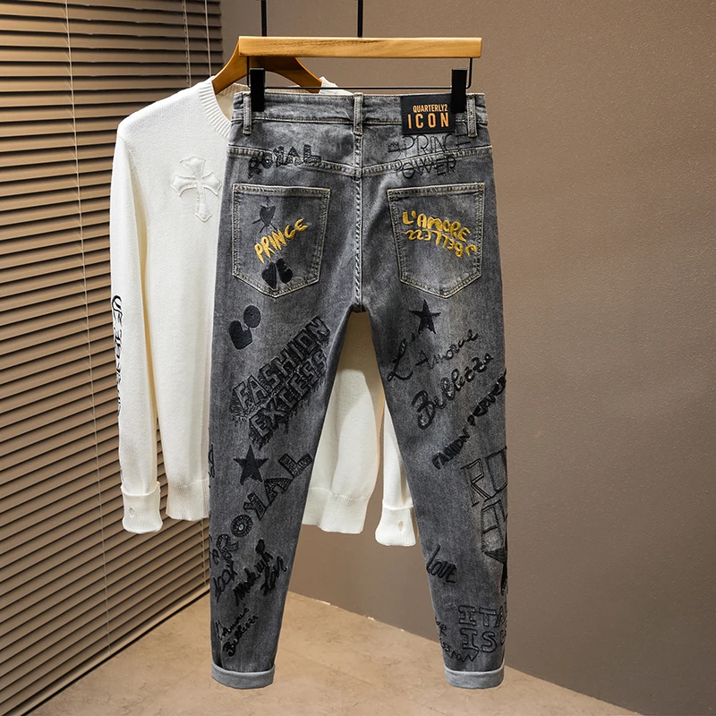 Light luxury high-end fashion tide brand men\'s jeans Slim straight heavy personalized letters embroidery leisure fashion pants