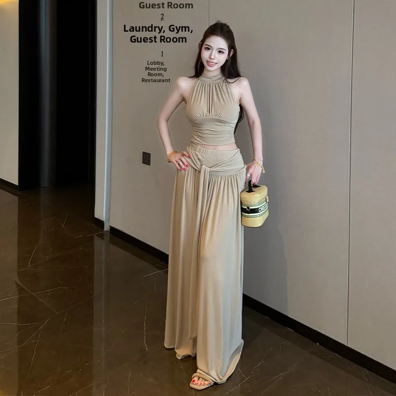 

Summer 2026 Korean Style Hanging Neck Pleated Sleeveless Vest Half Length Skirt Elegant Two Piece Set Gentle High End Feeling