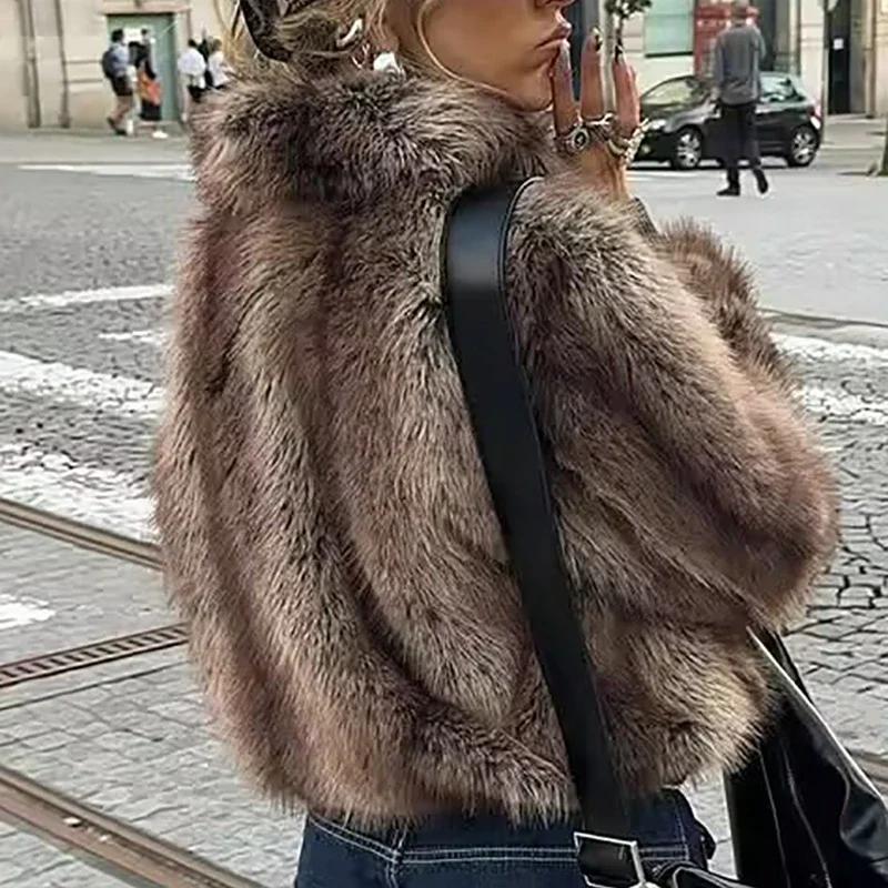 

Женская модная меховая цельная куртка, зимняя теплая утолщенная куртка на молнии с лацканами, винтажное повседневное меховое короткое пальто, женская уличная одежда