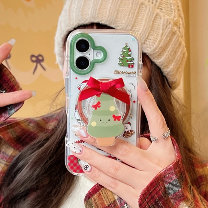 

Kawaii Christmas tree Magnetic Stand Phone Case For iPhone 16 15 13 14 Pro Max Cover with Magsafe Holder Protective Cases funda