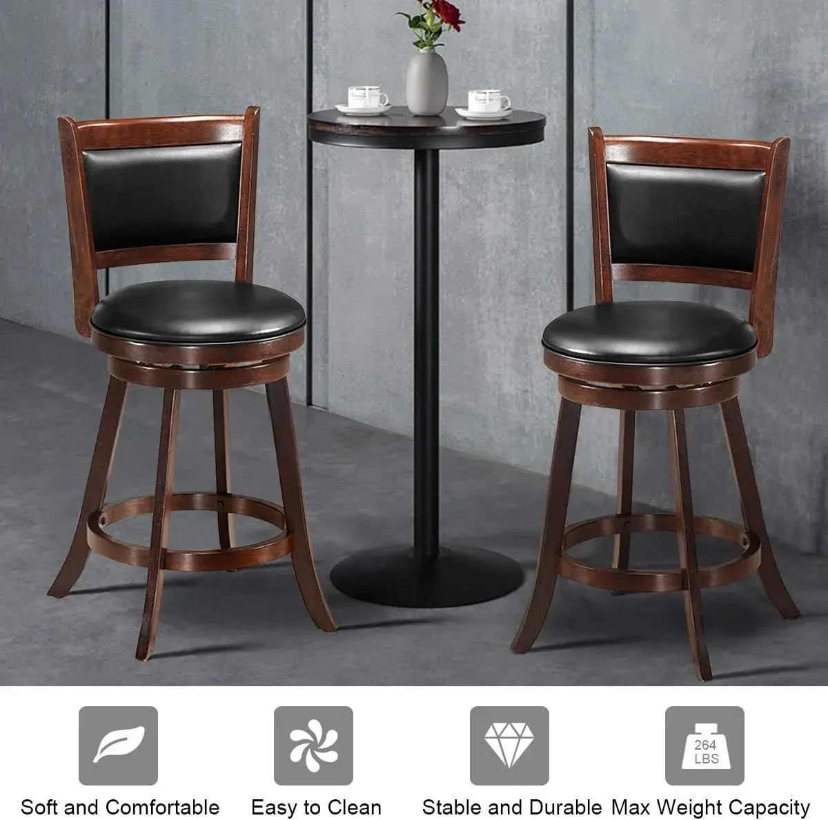 Bar Stools Set of 2, 360 Degree Swivel, Accent Wooden Swivel Seat Counter Height Bar Stool, Leather Upholstered Design