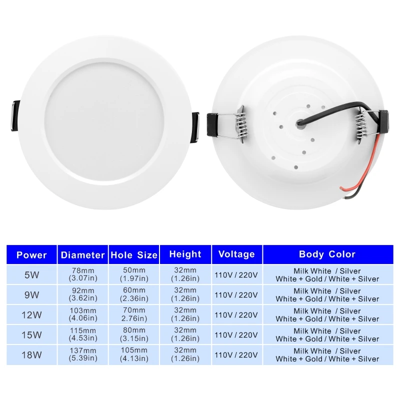 10pcs/lot 110V 220V Led Downlight 5W 9W 12W 15W 18W Recessed Ceiling Light 3/4/5 inch Round Panel Down Light Spotlight