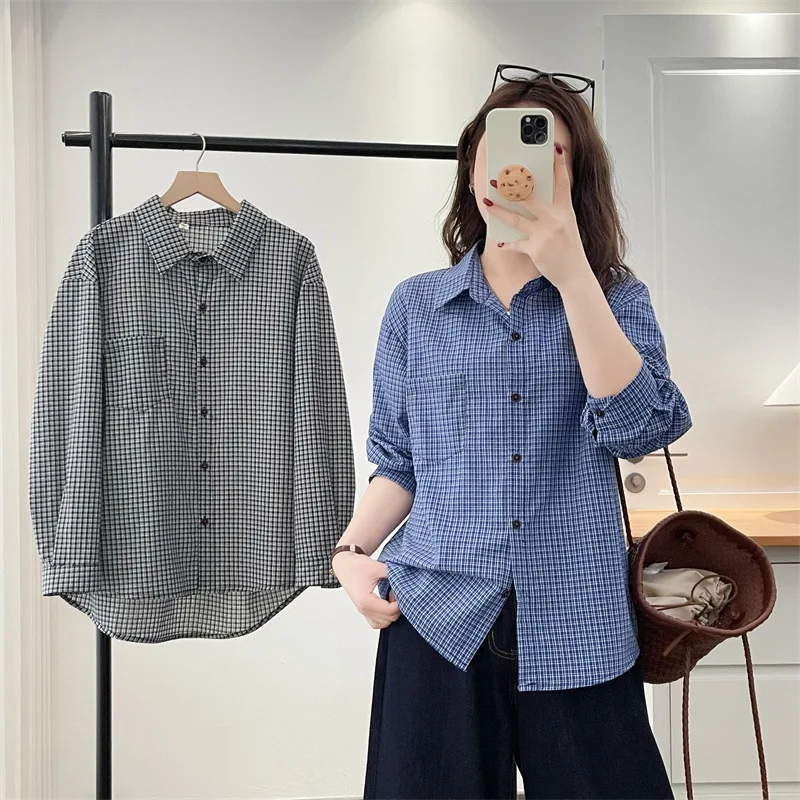 Women's Plaid Print Long Sleeve Casual Blouse - usage example