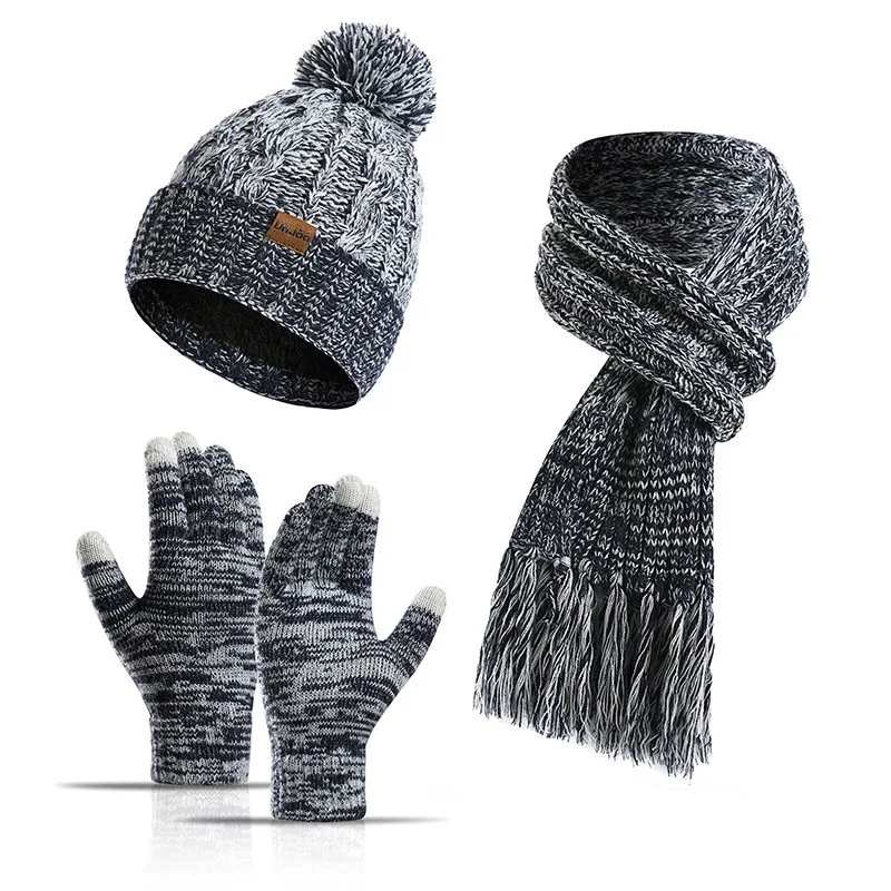 Winter Hat New Knitted Yarn Color Hat Thick Scarf Touch Screen Gloves Three Piece Set
