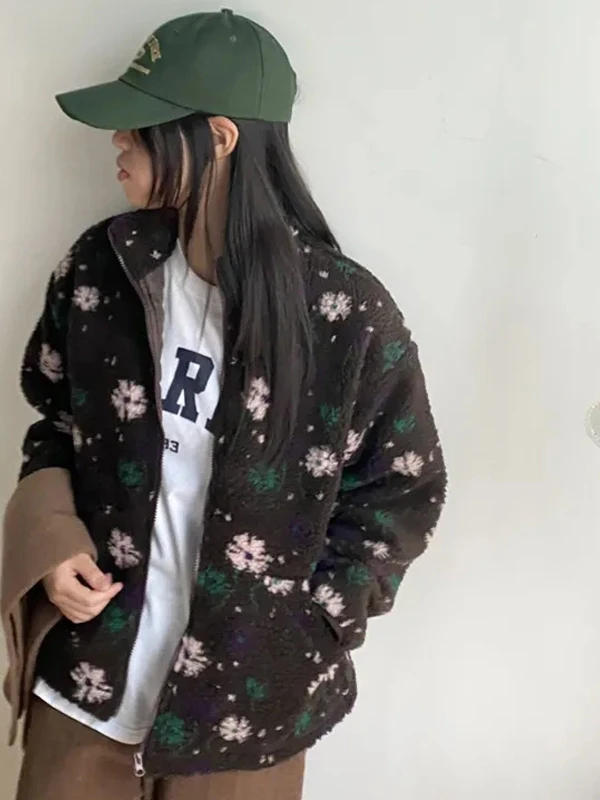 冬のティエンエド羊の毛皮の襟の女性の綿ジャエット甘い花柄暖かいトレンディなアウターウェアコート中国のブランドの新しいデザイン