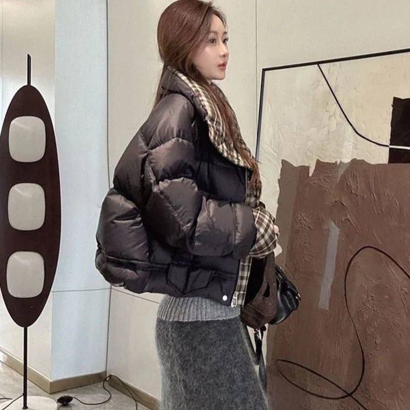 الشتاء المحاصيل سترة دافئة المرأة المرقعة سترة منفوخة تصميم معطف طويل الأكمام أعلى متقلب فضفاض سترة Mujer الملابس الشتوية