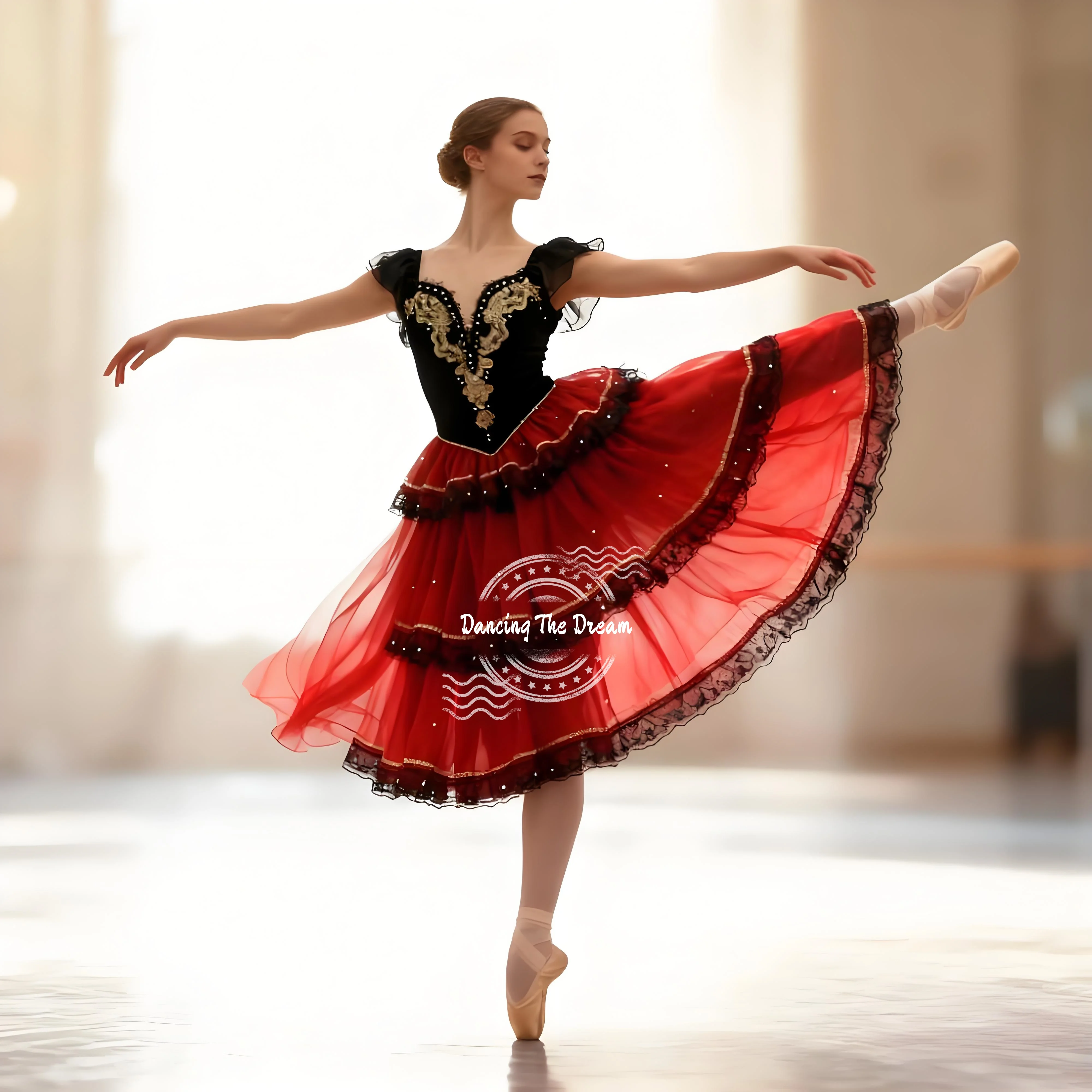 

Gorgeous Red Tulle Ballet Skirt with Black Lace and Gold Details