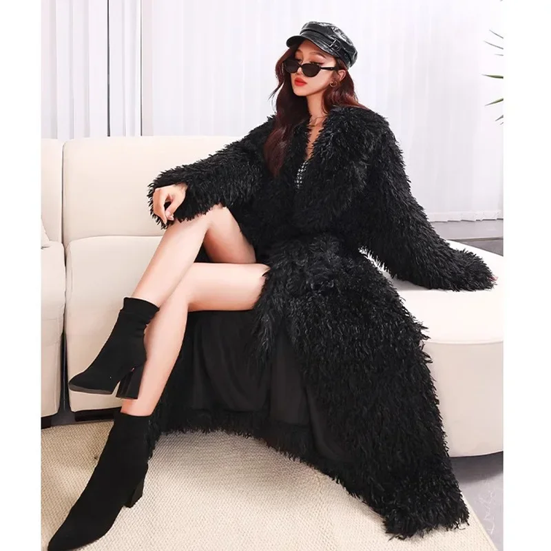 

Luxury Large Size Women's Toca Roll Wool Fur Coat Lamb Long Faux Fur Jacket Lace Up Casual Warm Winter Extra Long Plush Coat