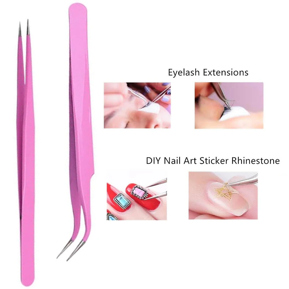 

2PCS Stainless Tweezers PINK Steel Straight/Curved Tip Tweezer for Eyelash Extensions&Nail Art Sticker Rhinestone Eyelash Picker