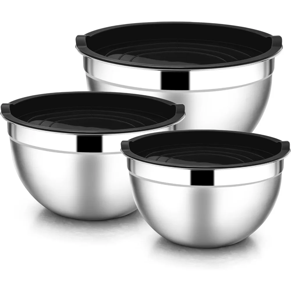 

Mixing Bowls with Lids Stainless Steel Salad Bowls for Baking Cooking Airtight Lids Silicone Bottom Thickened Kitchen Tableware