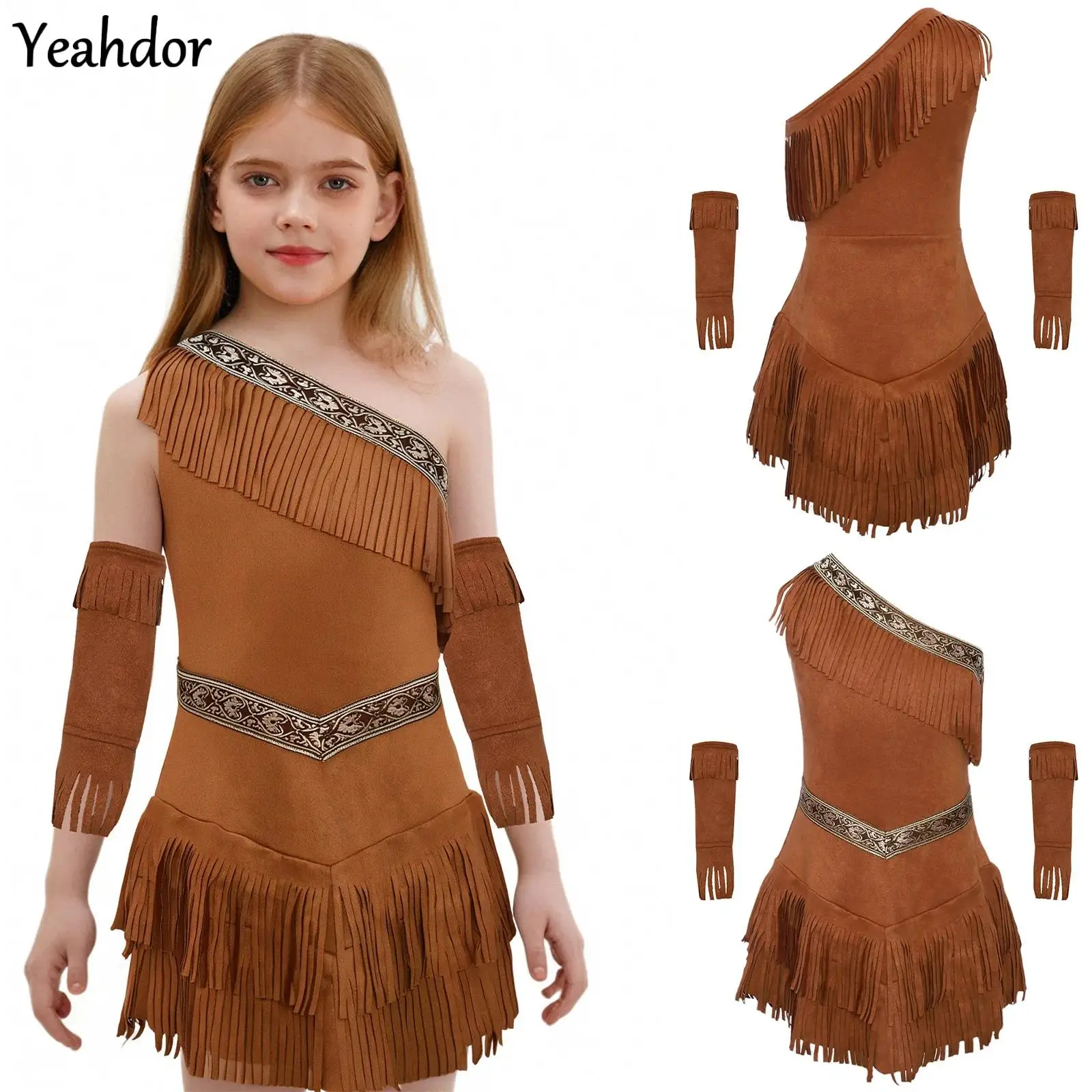 

Halloween Caveman Savage Dress Up Girls Indian Indigenous Costume Native American Princess Fringe Suede Dress And Tassel Sleeves