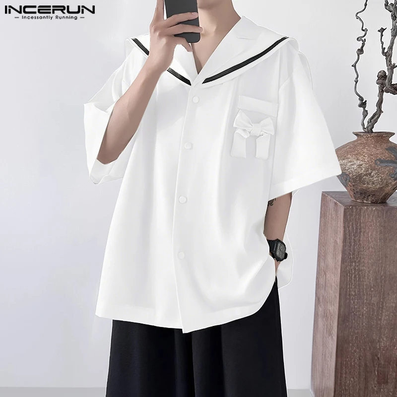 INCERUN Männer Hemd Patchwork Navy Kragen Halbe Hülse Lose Männer Kleidung Streetwear Lose Sommer Koreanischen Stil Bowknot Casual Tops