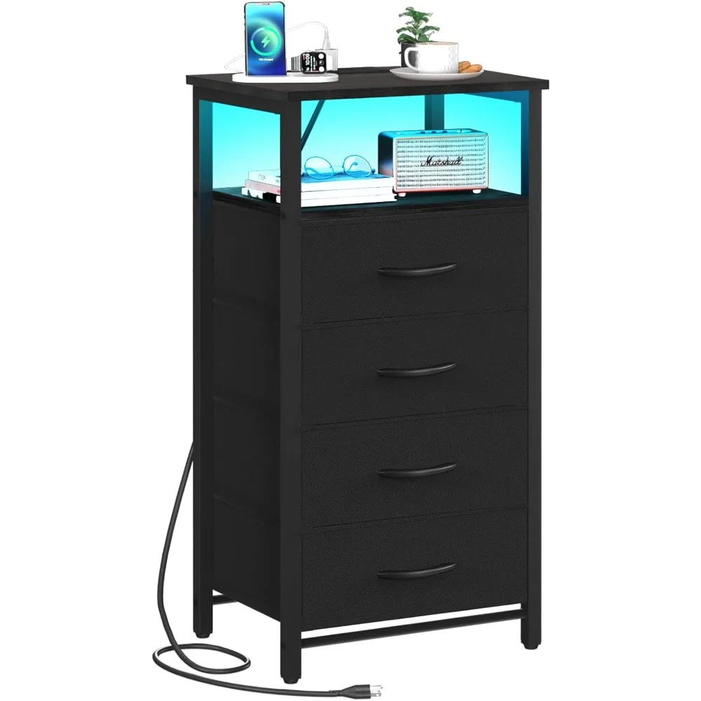 

Night Stand - LED Black Nightstand with Charging Station, Bedside Table with 4 Storage Drawers and Storage Shelf