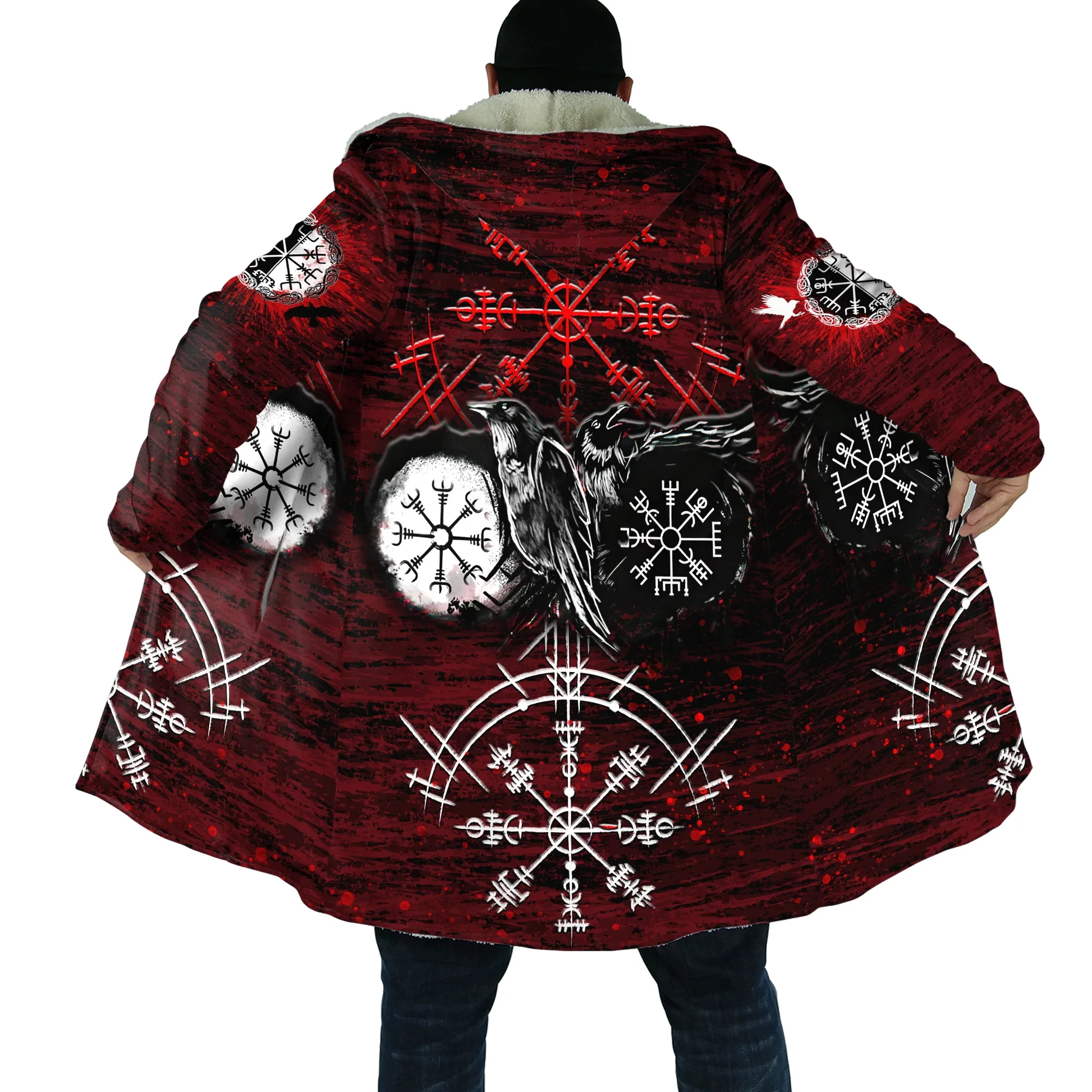 

Mens Cloak Muninn Raven Tattoo Vegvisir Rune 3D All Over Printed Fleece Hooded Cloak Unisex Casual Thick Warm Cape coat PF82