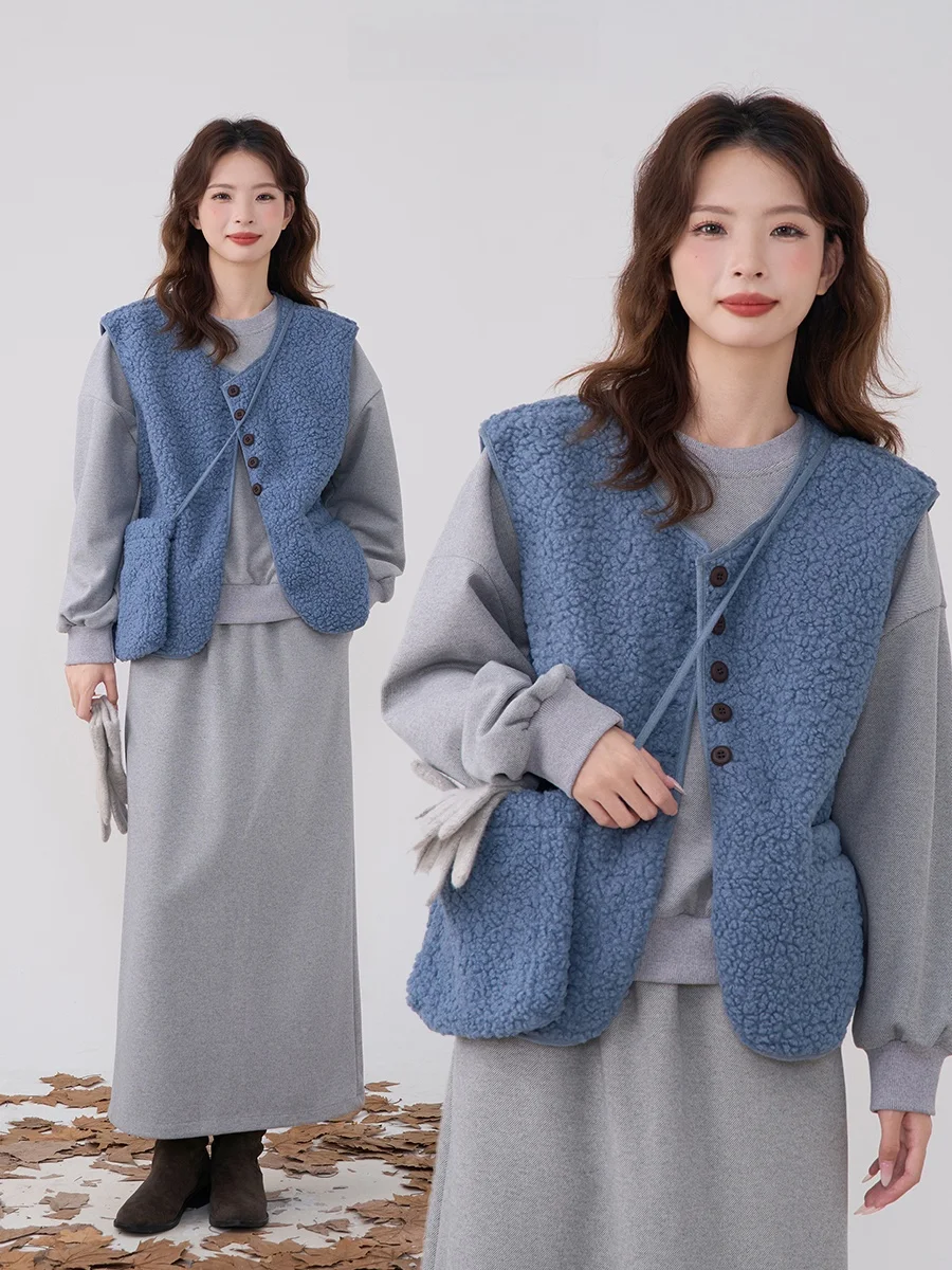 

Heme Fun Time Anti-Aging Lamb Fur Vest Jaet Women Winter Top Layered Design Comfortable Fit V-Ne Button Closure Outerwear