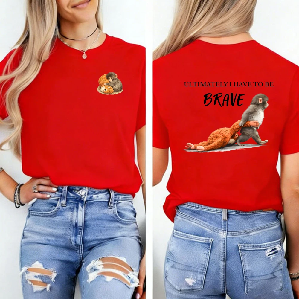 Punch The Graphic Motivational Baby Monkey Hugging Plush Front Be Brave Dragging Toy Design Animal Lover Apparel Casual T-shirts