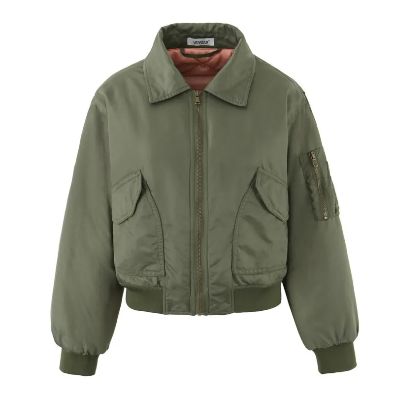 2025 Autumn New Women's Collared Bomber Jacket Cotton Outerwear Large Pocket Detail Warm Windproof Design Daily Wear Tops
