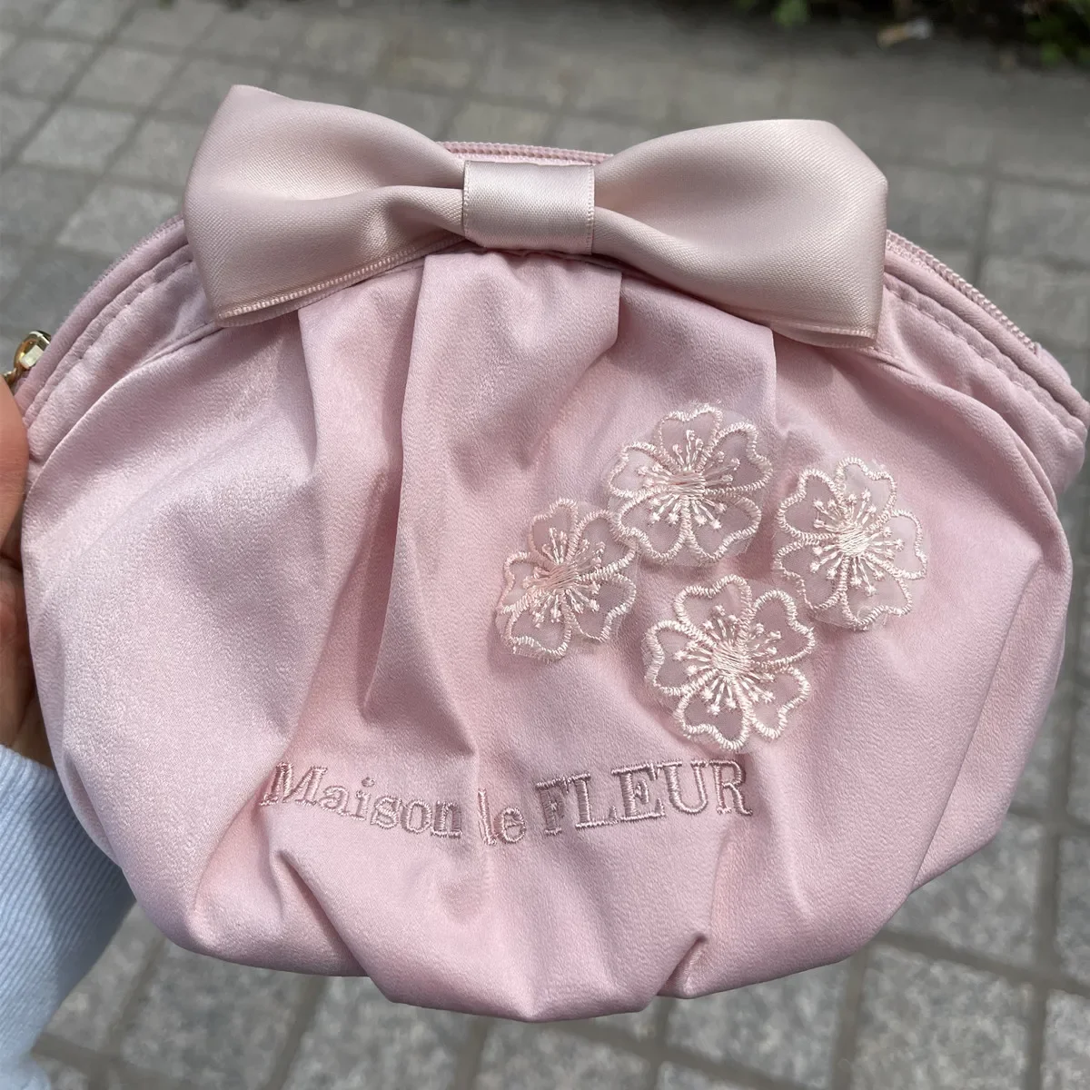 Japanese Sakura Clutch Bag Bow Satin Cosmetic Organizer Sweet Cute Makeup Bags Women Portable Toiletry Case for Girls