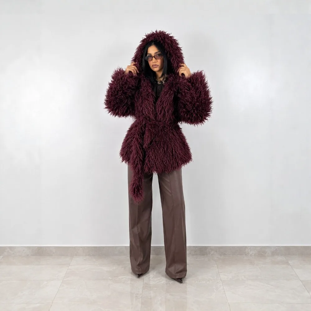 Gentle Wind Imitation Beach Wool Hooded Fur Coat Autumn and Winter Women's Trend Loose Thick Warm Belt Curly Woolen Woolen Coat - view 5
