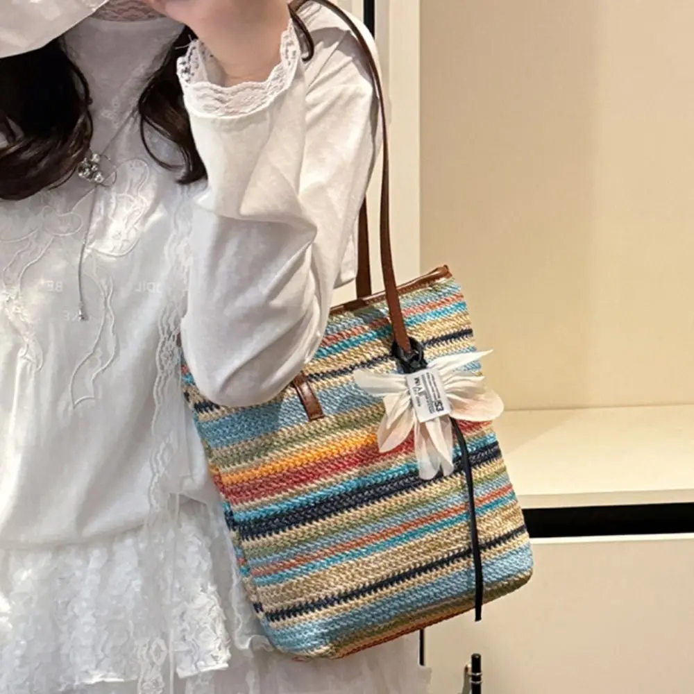 

Bohemian Style Rainbow Woven Handbag with Flower Pendant Beach Crochet Underarm Bag Elegant Sweet Summer Bucket Bag Vacation