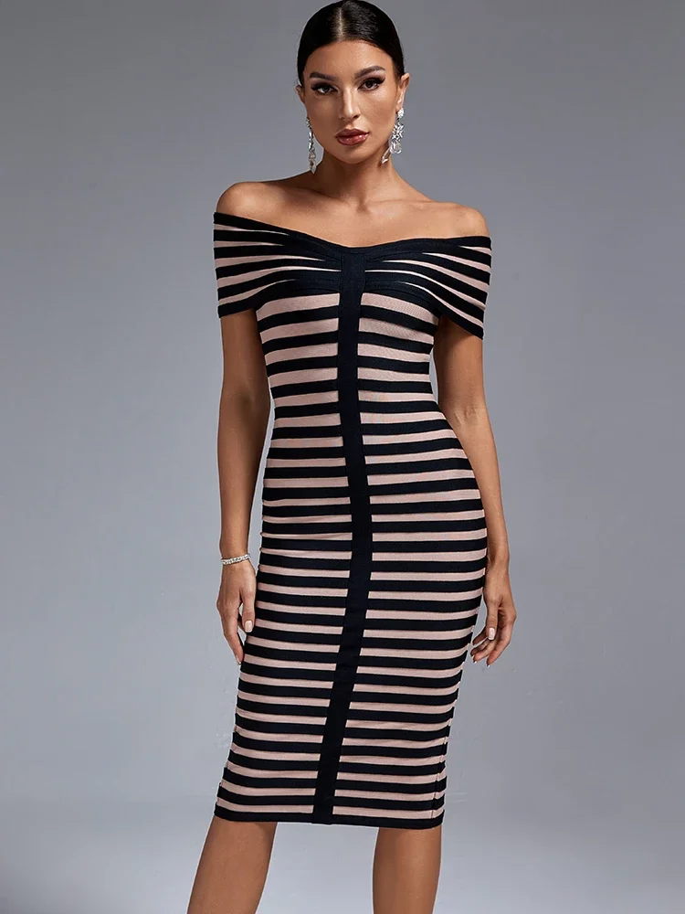 

Midi Bandage Dress Women Off Shoulder Party Dress Bodycon Elegant Striped Sexy Birthday Evening Outfits Summer 2023 Runway New
