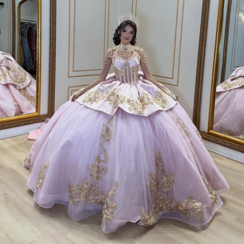 

Pink Shiny Quinceanera Dresses Off The Shoulder Applique Lace Beading Crystal Bow Corset Tull Party Birthday Sweet 16 Dress Vest