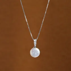 HENGSHENG Simple 10-12mm Freshwater Button Shape White Pearl 925 Sterling Silver Pendant Necklace For Women Girls Jewelry