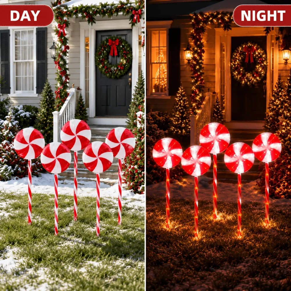 Solar Powered Lollipop Garden Stake Lights, Christmas Candy Ground Plug LED Lamps for Yard Pathway Lawn Patio Outdoor Decoration