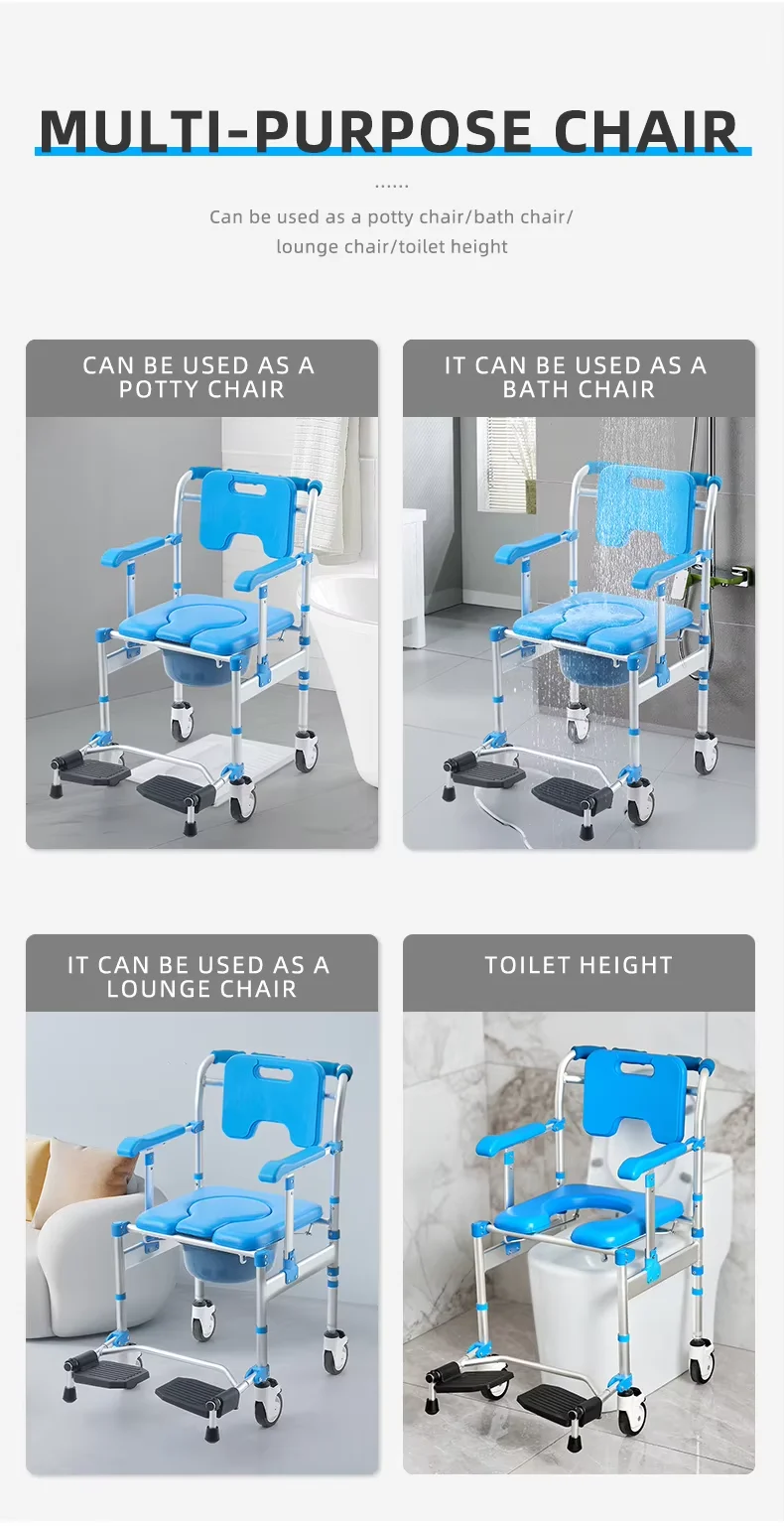 Silla de Inodoro 3 en 1 Ajustable, Plegable, Antivuelco, de Aluminio, con Reposapiés y Asiento Acolchado de Esponja, para Personas Mayores y con Discapacidad