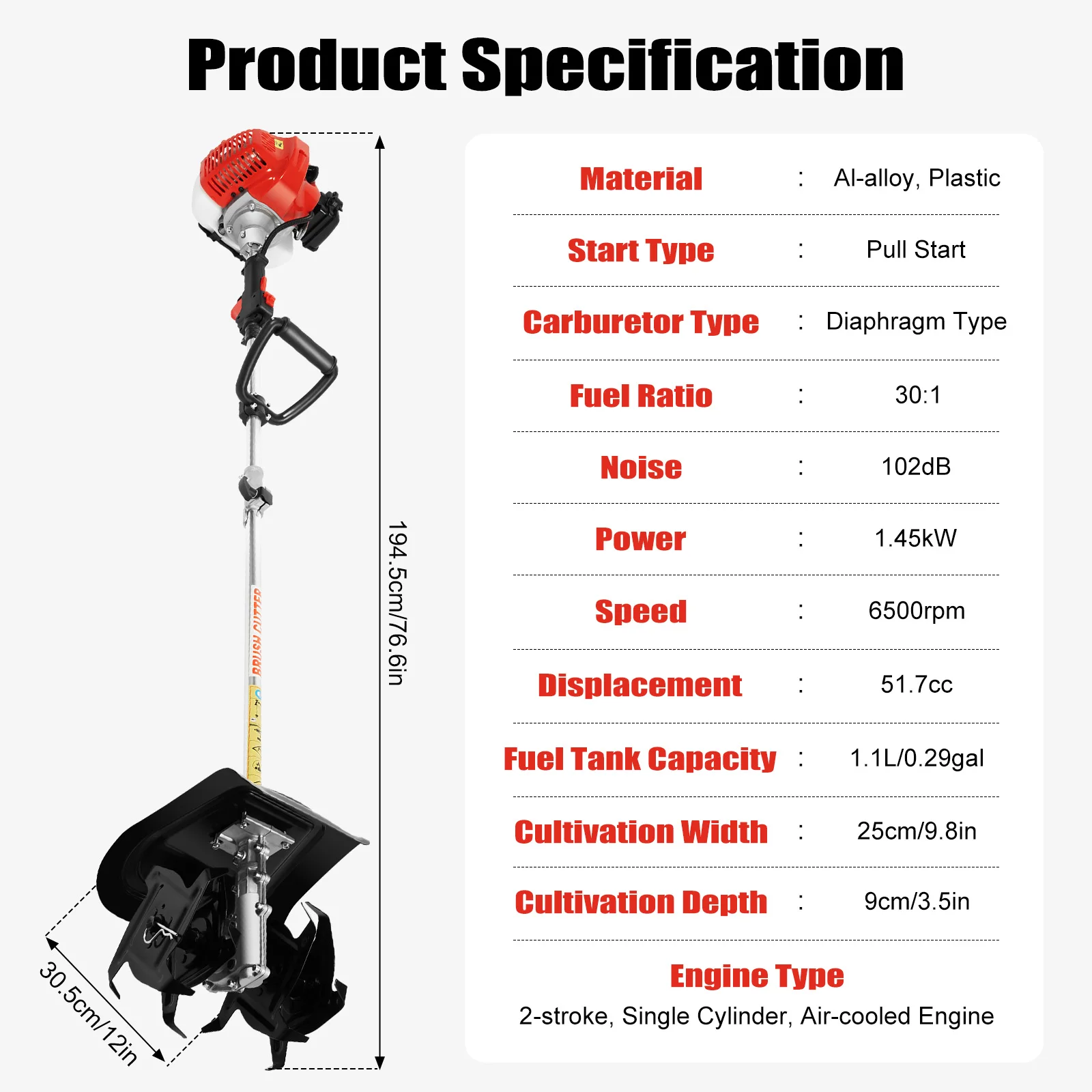 

Ручной культиватор и кусторез 51,7 куб. см, 2-тактный двигатель с воздушным охлаждением, функция прополки для рыхления почвы в саду и уборки пшеницы