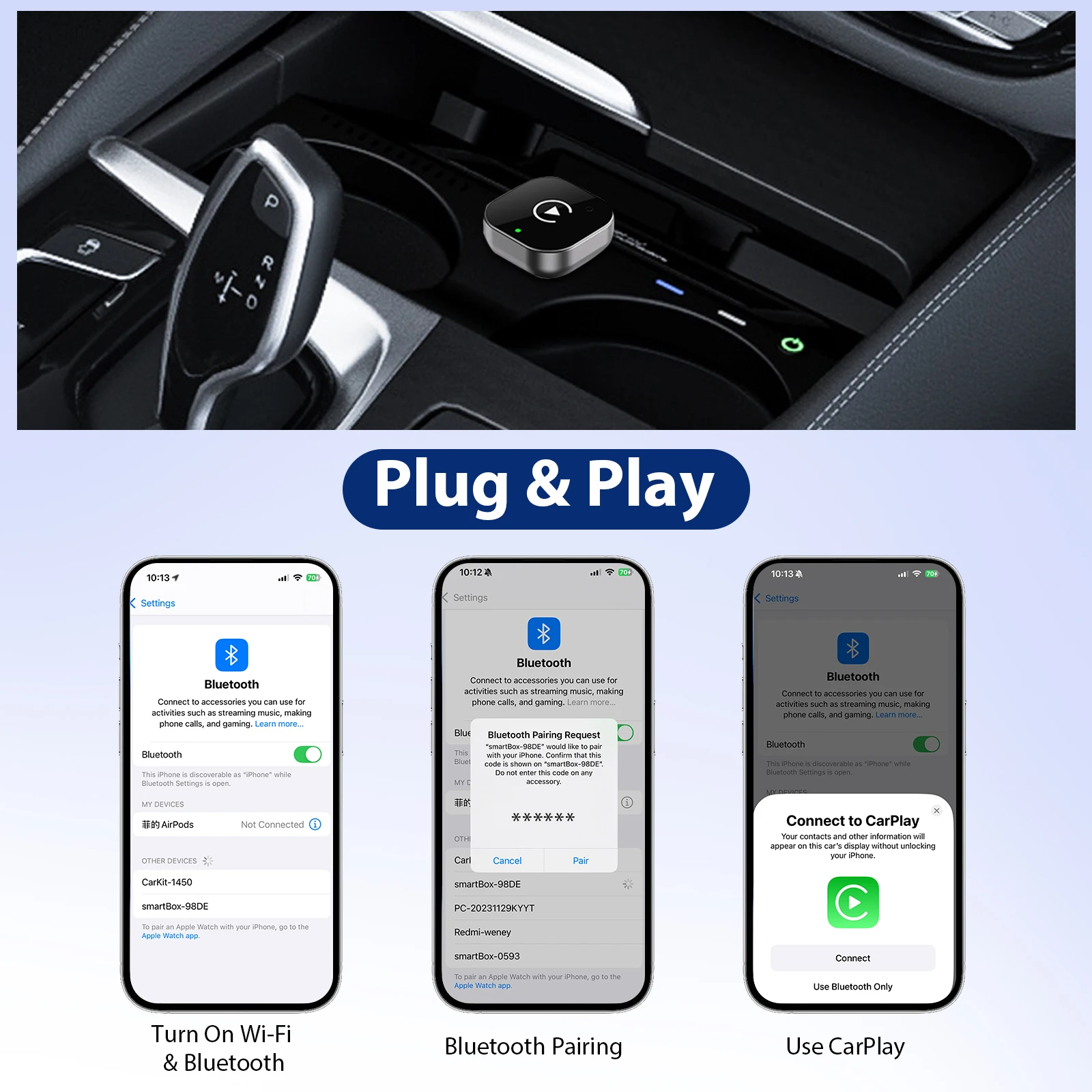 2 IN 1 Wireless Carplay Adapter, Converts Wired to Wireless carplay Adapter for iPhone, Wireless Control Plug & Play Carplay view 6