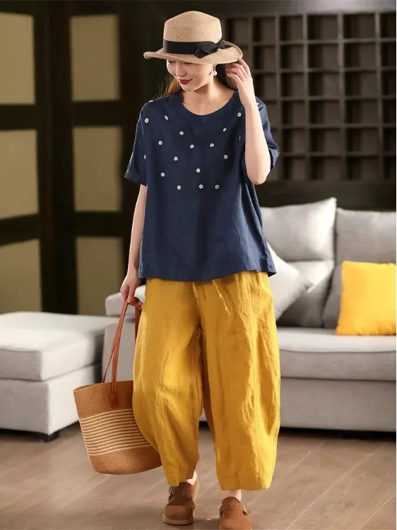 Retro Cotton Linen Embroidered irt Women's round Ne ort Sve Overhead Artistic High-End Feelings Summer New Arrival